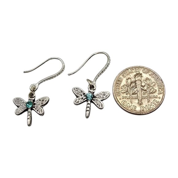 Pierced Earrings Dragonfly Charm Dangle Blue Rhinestones Silver Tone Minimalist - Picture 4 of 4